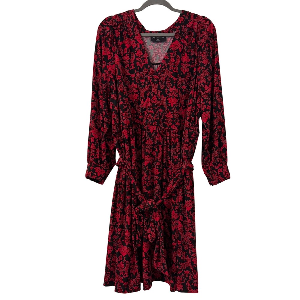 Lane Bryant Dress 22/24P Red Black Damask Paisley VNeck Tie Waist Pocket Classic